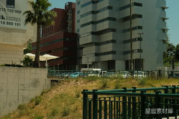 高清摄影 现代建筑、棕榈树和干燥的山坡在晴朗的天空下。