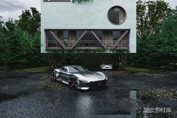 高清摄影 一辆银色的跑车停在一座建筑物前。