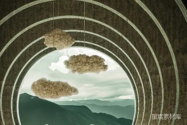 高清摄影 一个客厅，拥有大窗户，窗外可以看到群山。