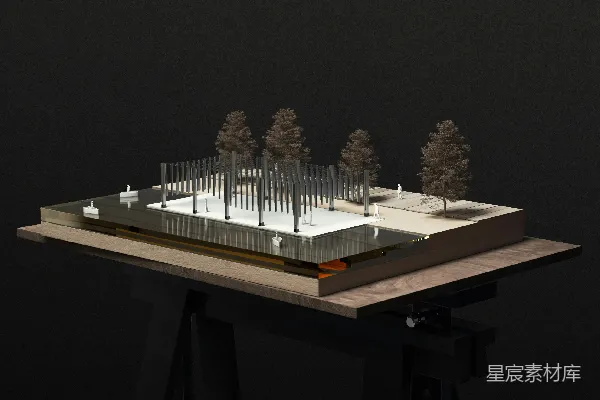 高清摄影 一座建筑物模型，上面有树木。