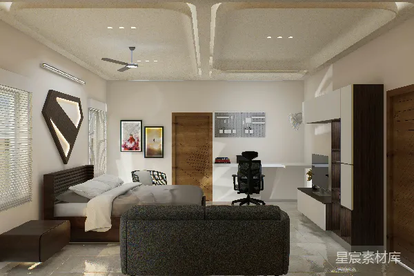 高清摄影 现代且温馨的卧室，带有一处工作站。