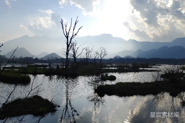 高清摄影 晨光中的湿地与山脉