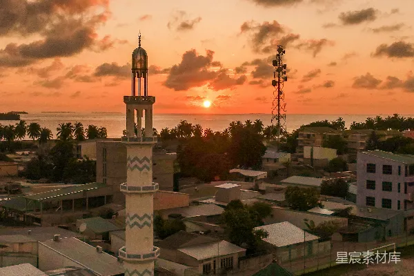 高清摄影 日落时分的摩天楼与祈祷塔