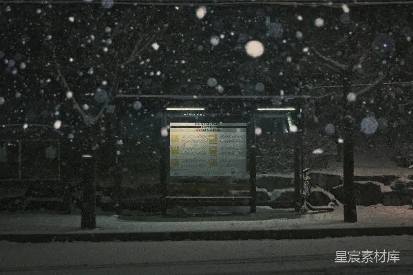 高清摄影 冬夜雪景中的公交车站