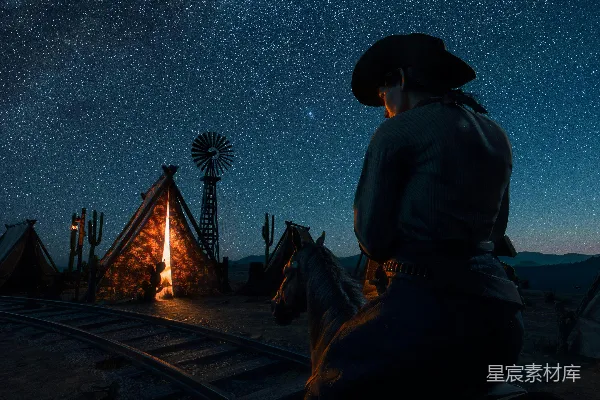 高清摄影 夜幕下的牛仔与篝火