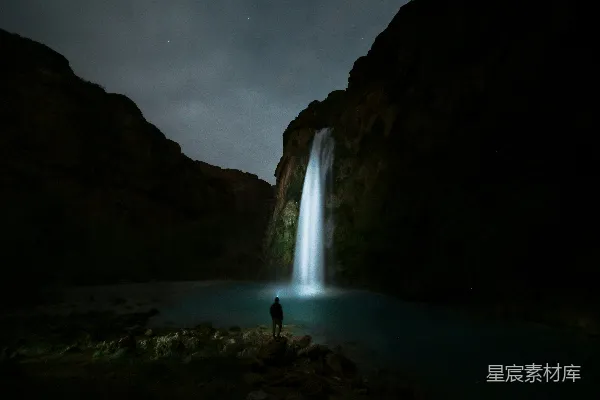 高清摄影 夜晚的瀑布与星空