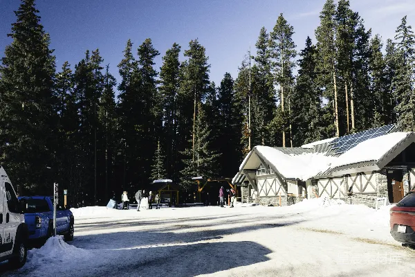 高清摄影 雪地中的小屋与松树林