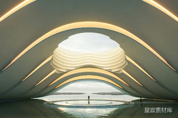 高清摄影 未来感建筑与宁静湖景