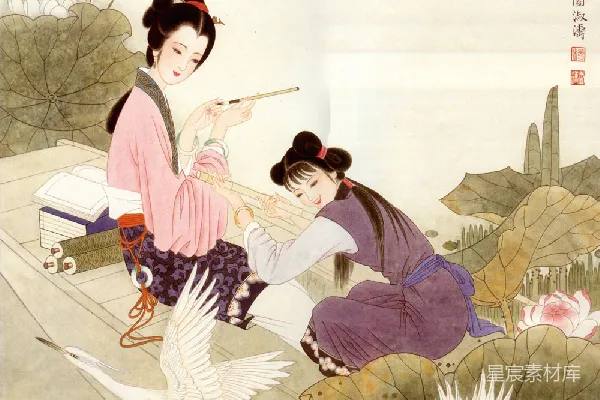 元素素材 莲池雅趣：古典仕女与白鹤