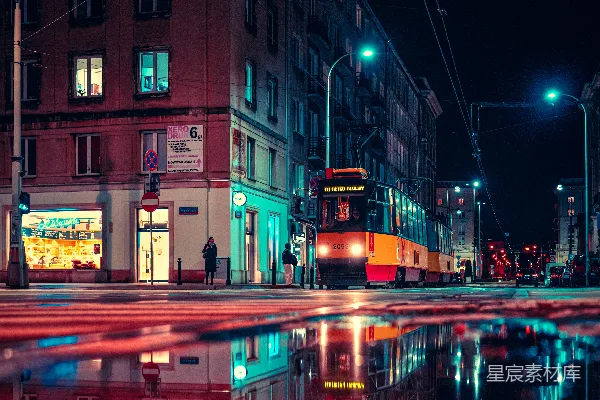 高清摄影 夜色中的电车与倒影