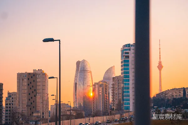 高清摄影 夕阳下的城市天际线