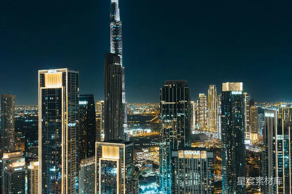 高清摄影 迪拜夜景：灯火辉煌的摩天大楼