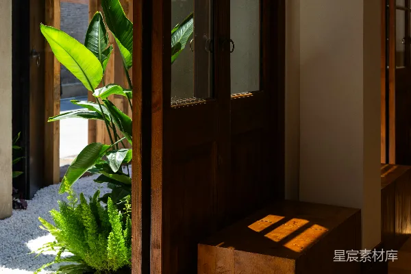 高清摄影 阳光透过木门洒进庭院
