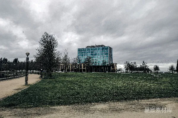 高清摄影 阴云下的公园与现代建筑