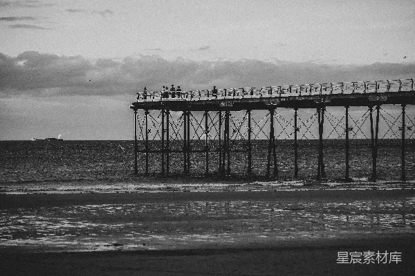 高清摄影 黑白色调的海滩码头