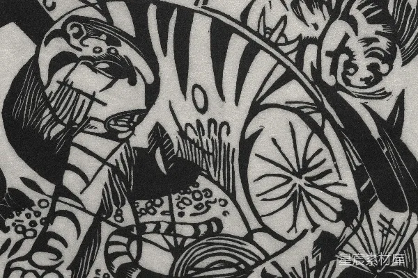 高清摄影 黑白木刻版画艺术：人物与自然的和谐共舞