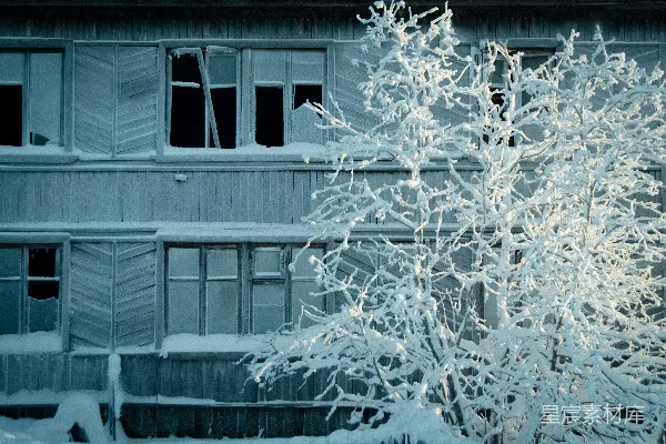 高清摄影 冬日雪景中的废弃建筑