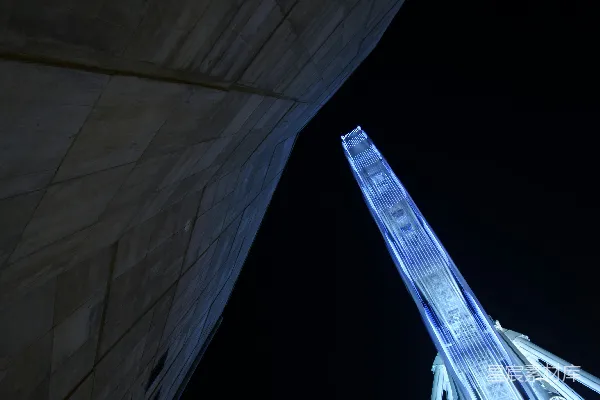 高清摄影 夜幕下的摩天轮与古老建筑