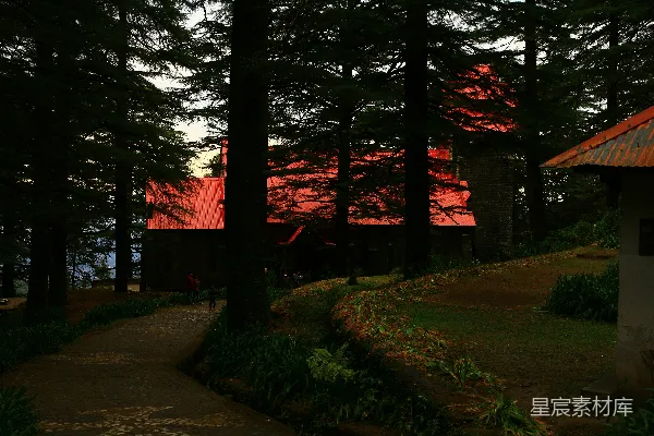 高清摄影 森林中的红色建筑