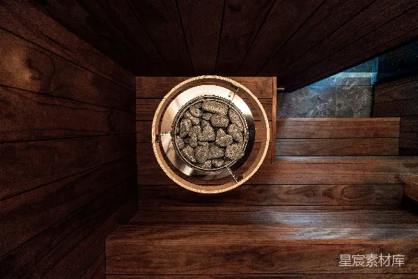 高清摄影 桑拿室中的热石缸