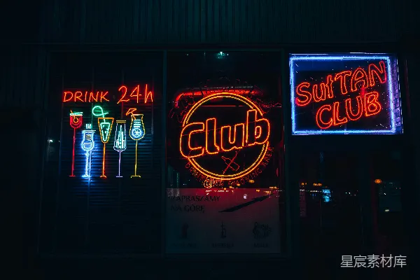 高清摄影 夜色中的霓虹灯酒吧招牌