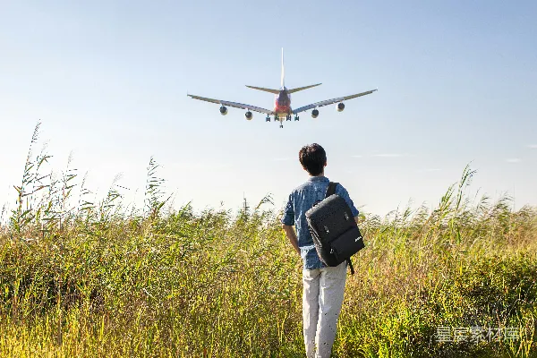 高清摄影 田野上的旅行者与降落的飞机