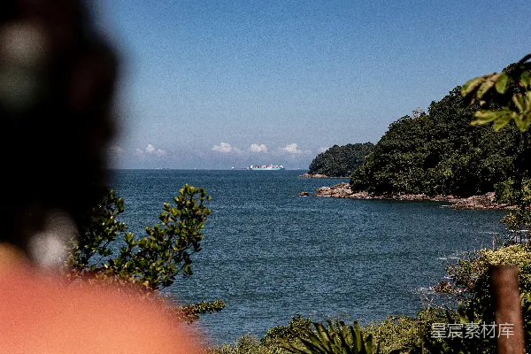 高清摄影 海岸远眺：货船与自然的和谐