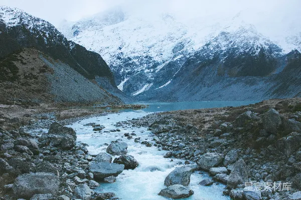 高清摄影 雪山下的湍急河流