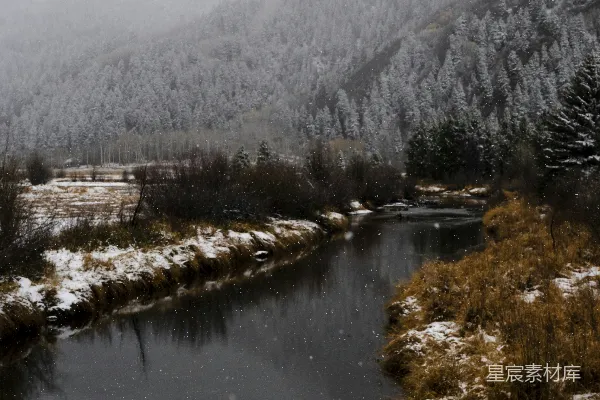高清摄影 冬日雪景中的宁静河流