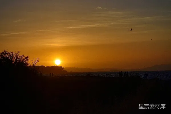 高清摄影 夕阳下的海边漫步