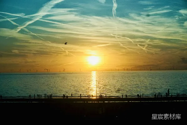 高清摄影 夕阳海风：海上风电与海滩黄昏