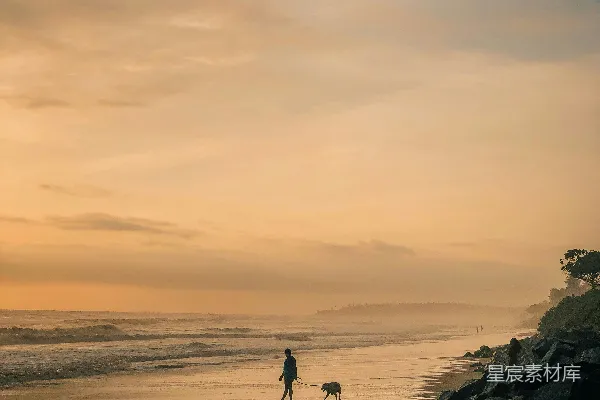 高清摄影 日落时分的海滩散步