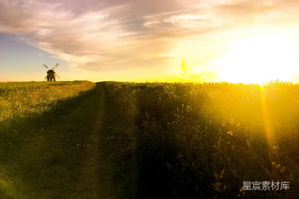 高清摄影 夕阳下的风车与小径