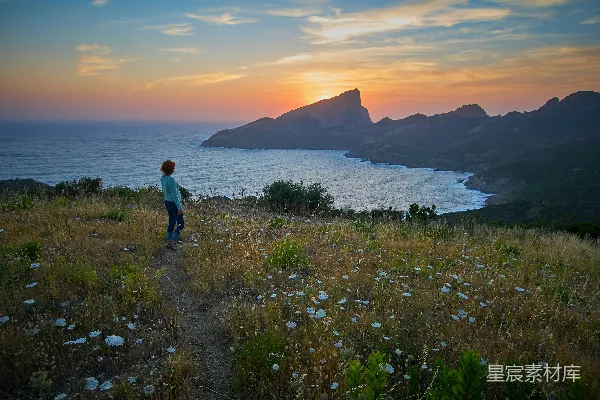 高清摄影 夕阳下的海岸远足