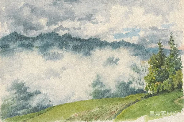 高清摄影 晨雾中的森林水彩画