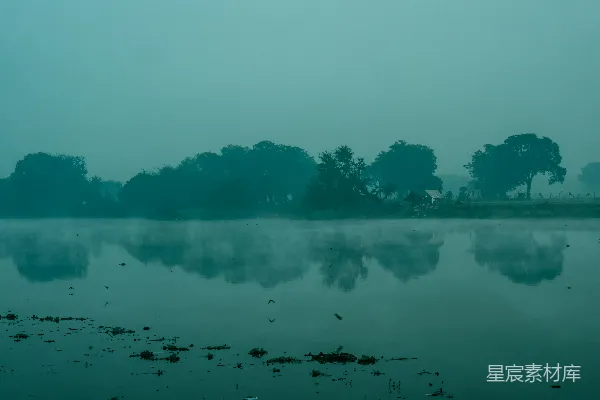 高清摄影 晨雾中的宁静湖景
