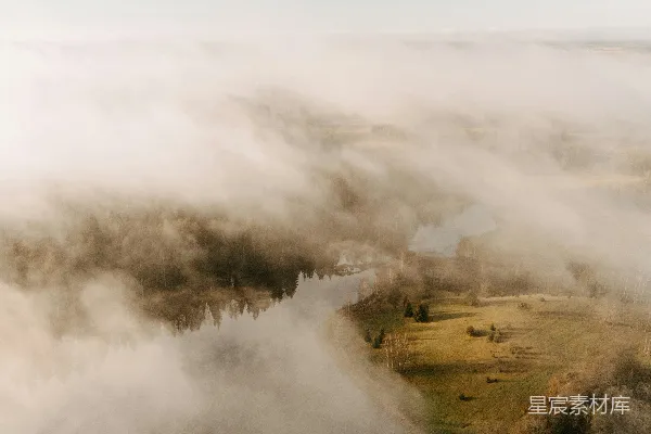 高清摄影 雾中的晨曦：宁静的乡村景色