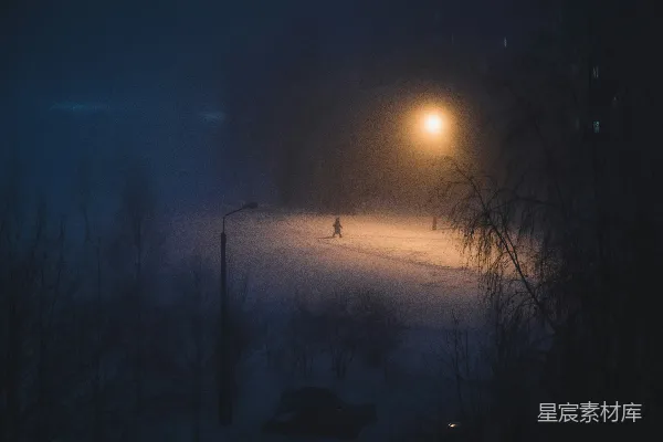 高清摄影 冬夜迷雾中的孤独身影