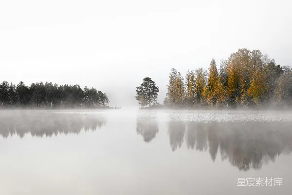 高清摄影 雾中的静谧湖景