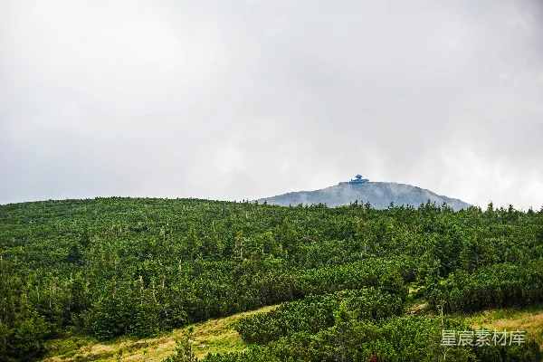高清摄影 远处山丘上的建筑与松林