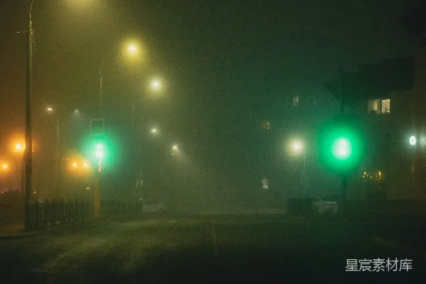 高清摄影 夜雾中的绿灯