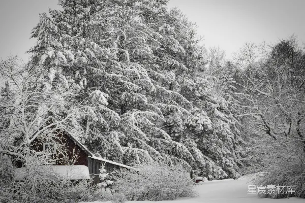 高清摄影 冬日雪景中的红色小屋