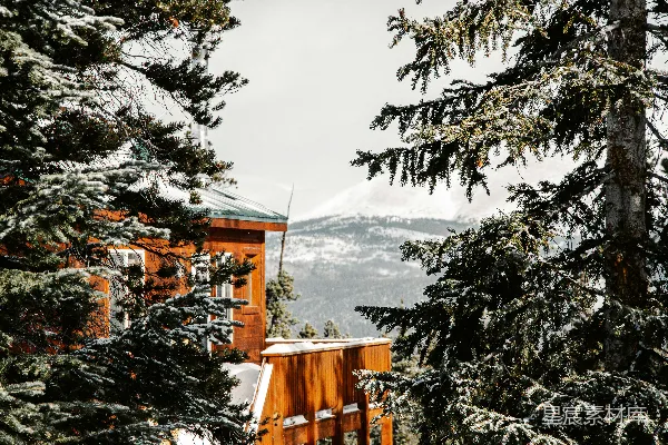高清摄影 雪景中的木屋与松树
