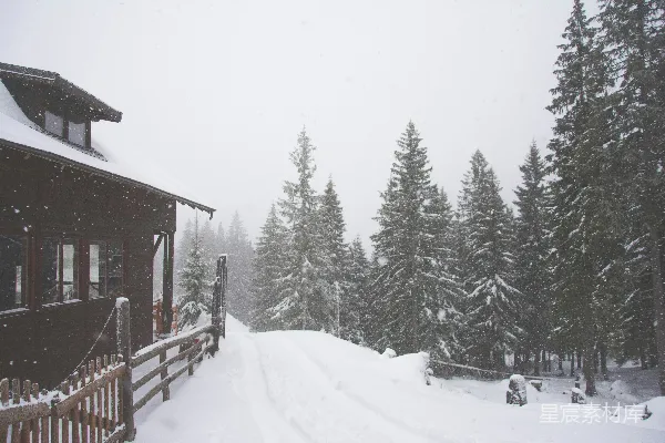 高清摄影 冬日雪景中的木屋与松林