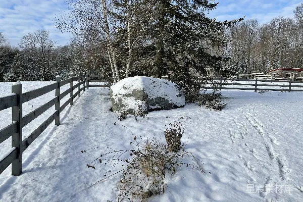 高清摄影 冬日雪景中的木栅栏