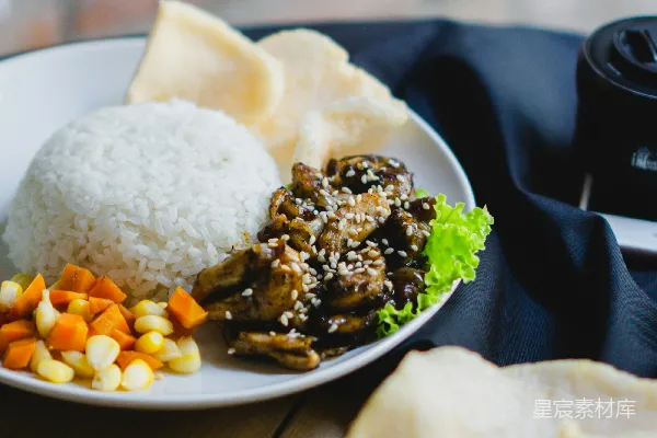 高清摄影 印尼风味美食：鸡肉炒饭与配菜