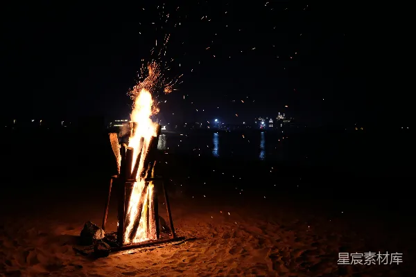 高清摄影 沙滩上的篝火夜晚