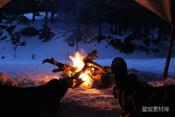 高清摄影 冬夜篝火与雪景