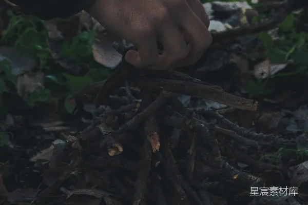 高清摄影 搭建火堆的手