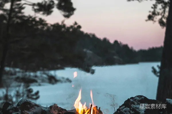 高清摄影 冬夜湖边的篝火